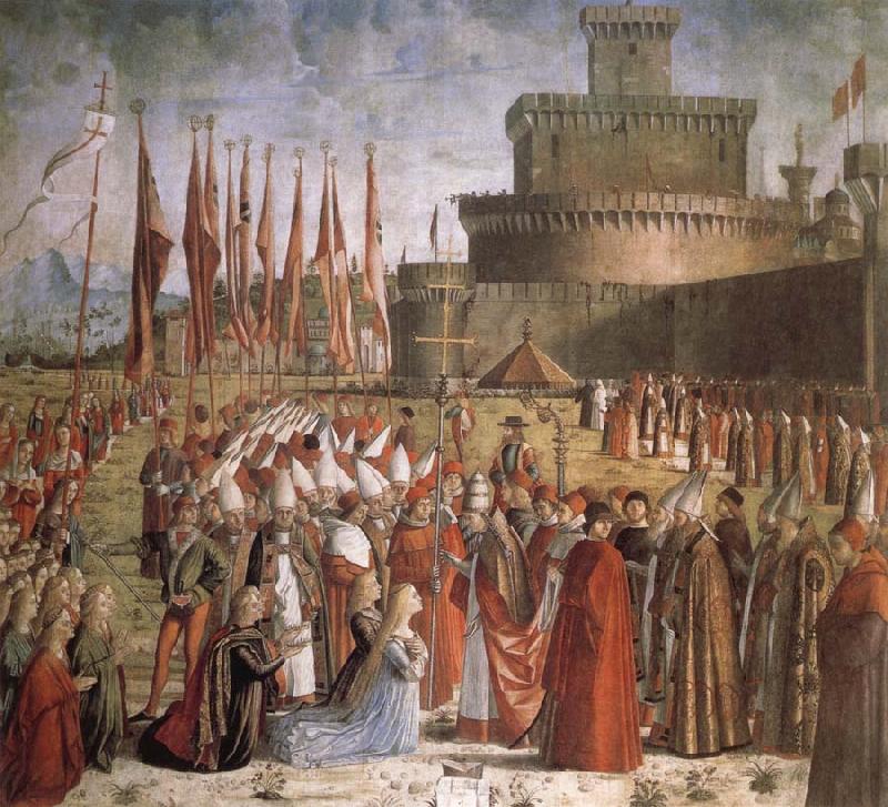 CARPACCIO, Vittore Scenes from the Life of St Ursula:The Pilgrims are met by Pope Cyriacus in front of the Walls of Rome France oil painting art